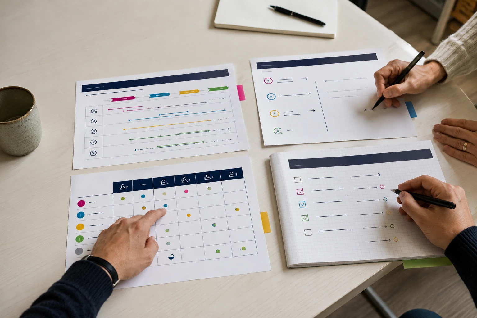 Table de travail présentant un cockpit de pilotage, une matrice de responsabilités et un plan d’action